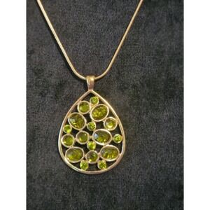 Goldtone Teardrop Shape Green Peridot Stones Pendant On Snake Chain & Earrings